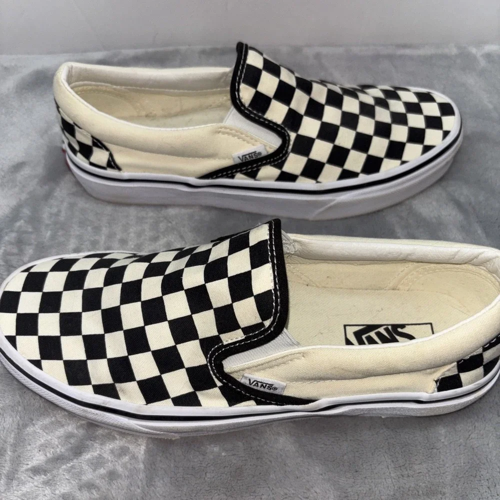 Off the Wall Black and Cream Checkered Canvas Slip On  Men 7.5